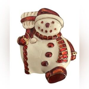 Vintage Christopher Radko enamel red rhinestone off white Snowman brooch